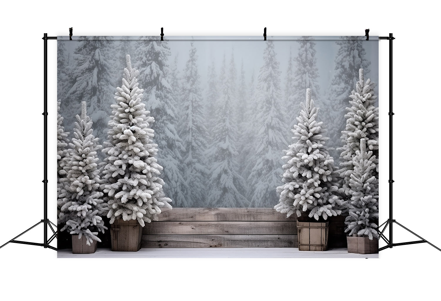 Toile de Fond de Forêt Enneigée avec Arbres Givrés de Noël RR8-247