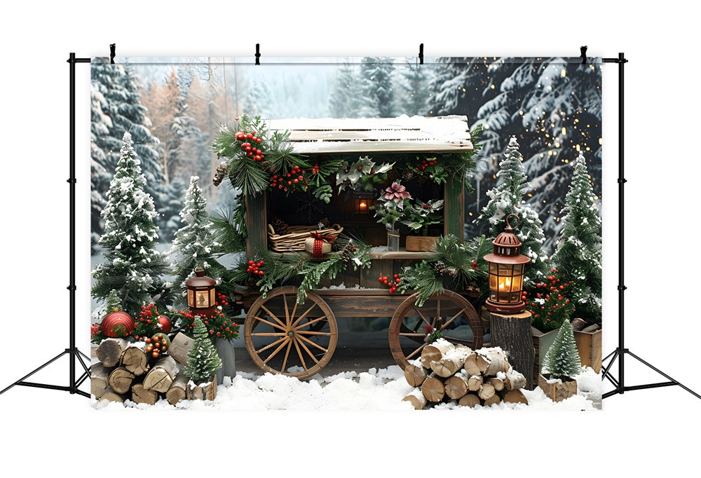 Toile de fond Chariot en Bois Sapins de Noël Neige RR8-3