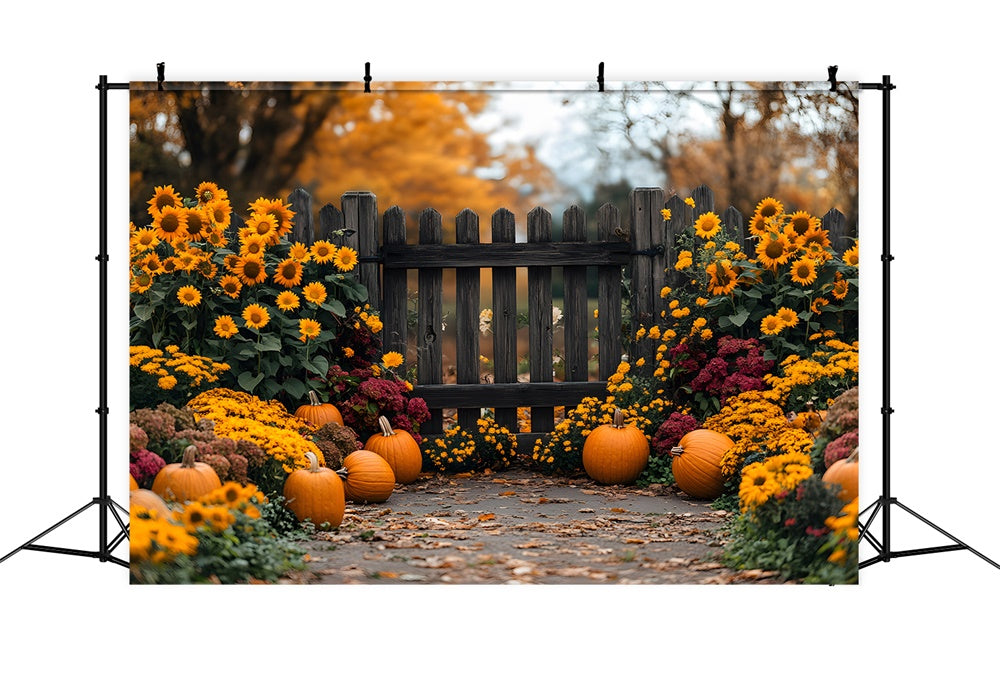 Toile de Fond Jardin d'Automne avec Tournesols et Citrouilles RR8-308