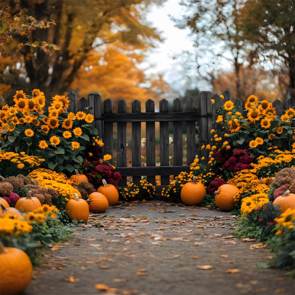 Toile de Fond Jardin d'Automne avec Tournesols et Citrouilles RR8-308