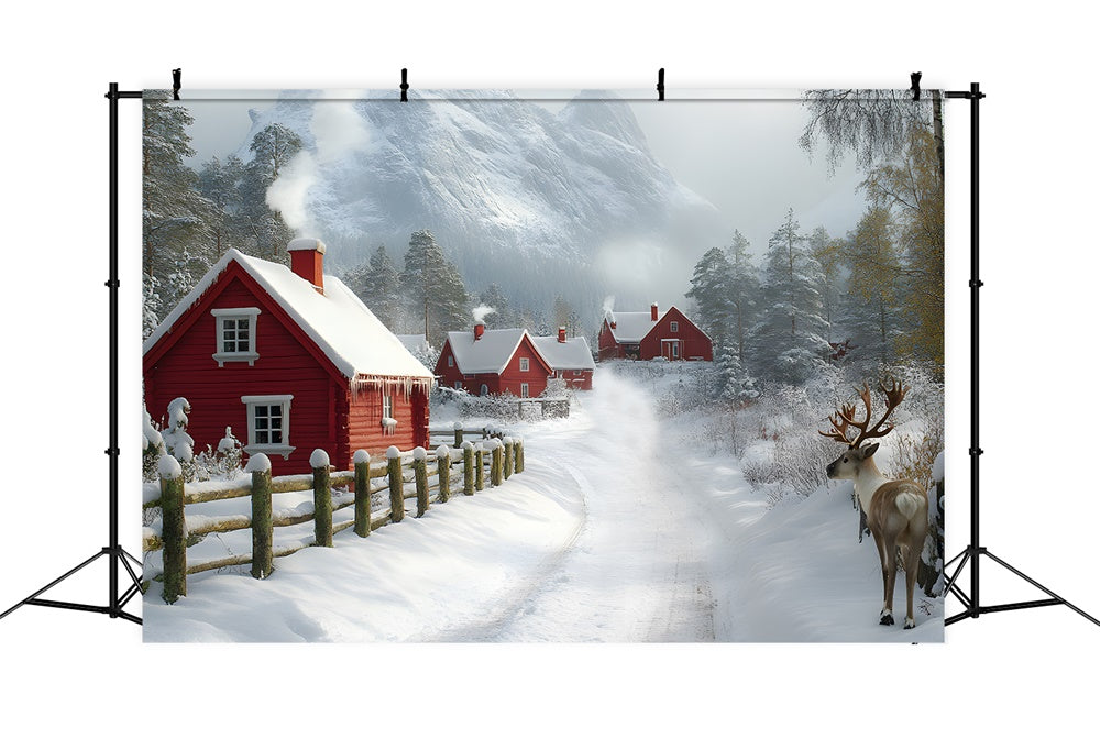 Toile de Fond Village de Noël Couvert de Neige avec Montagne RR8-341