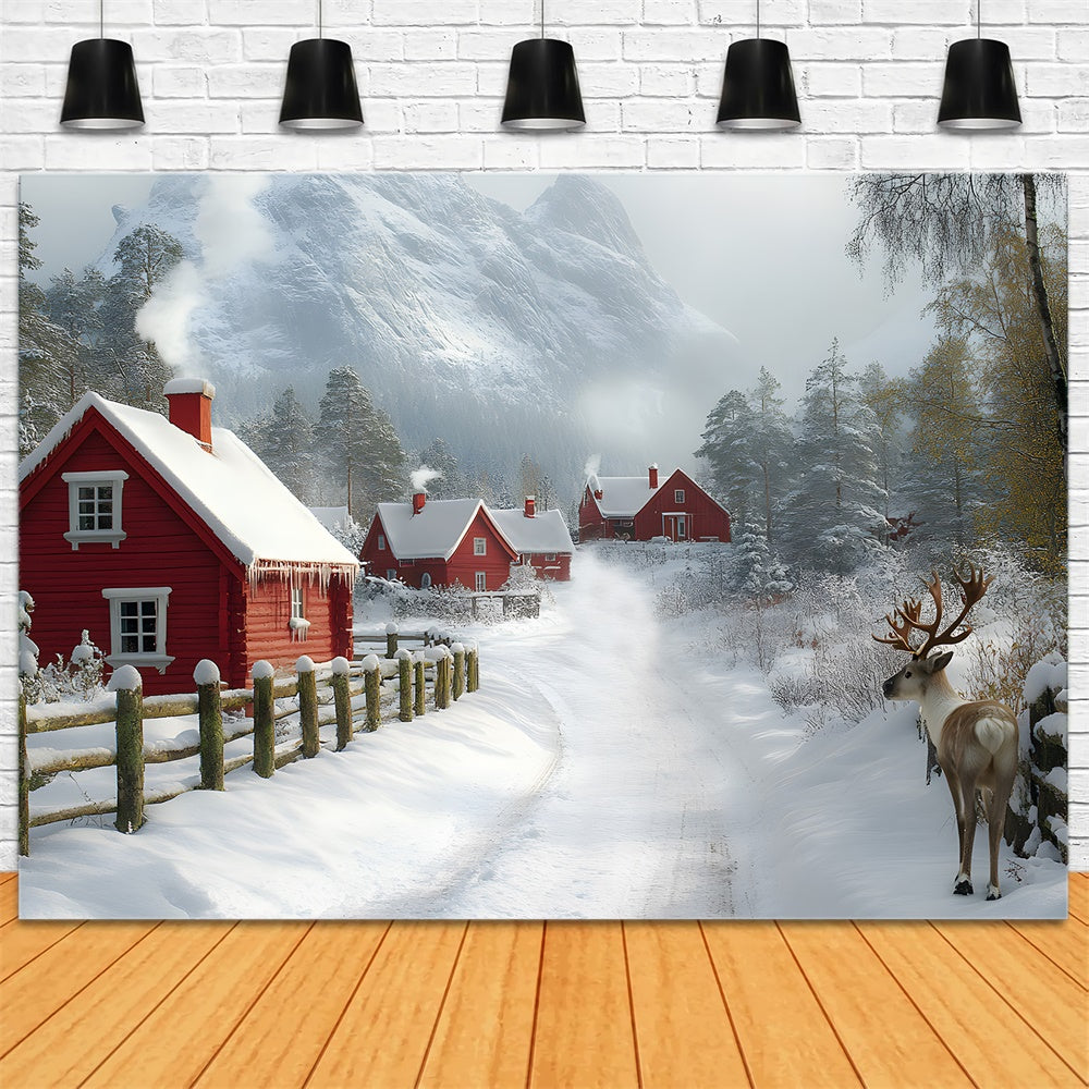 Toile de Fond Village de Noël Couvert de Neige avec Montagne RR8-341