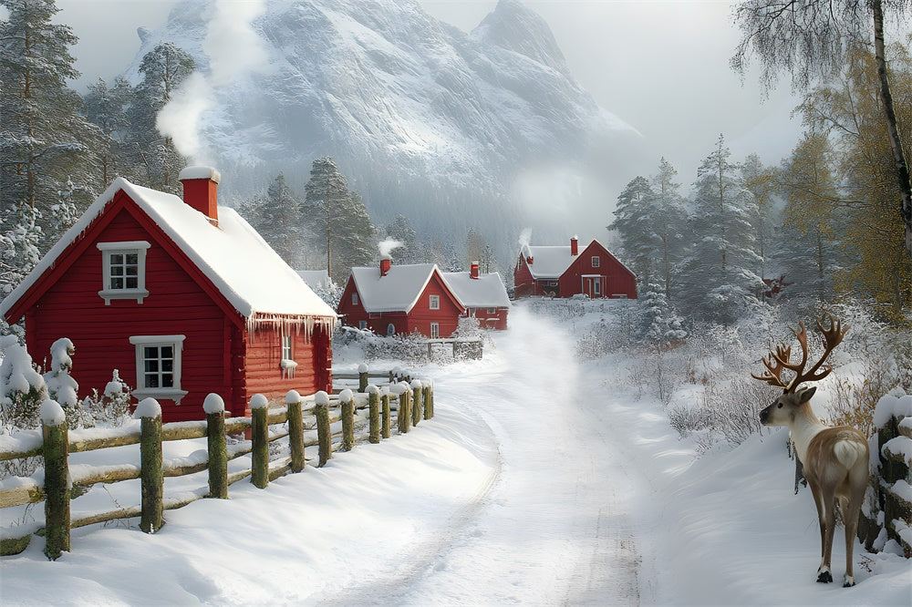 Toile de Fond Village de Noël Couvert de Neige avec Montagne RR8-341