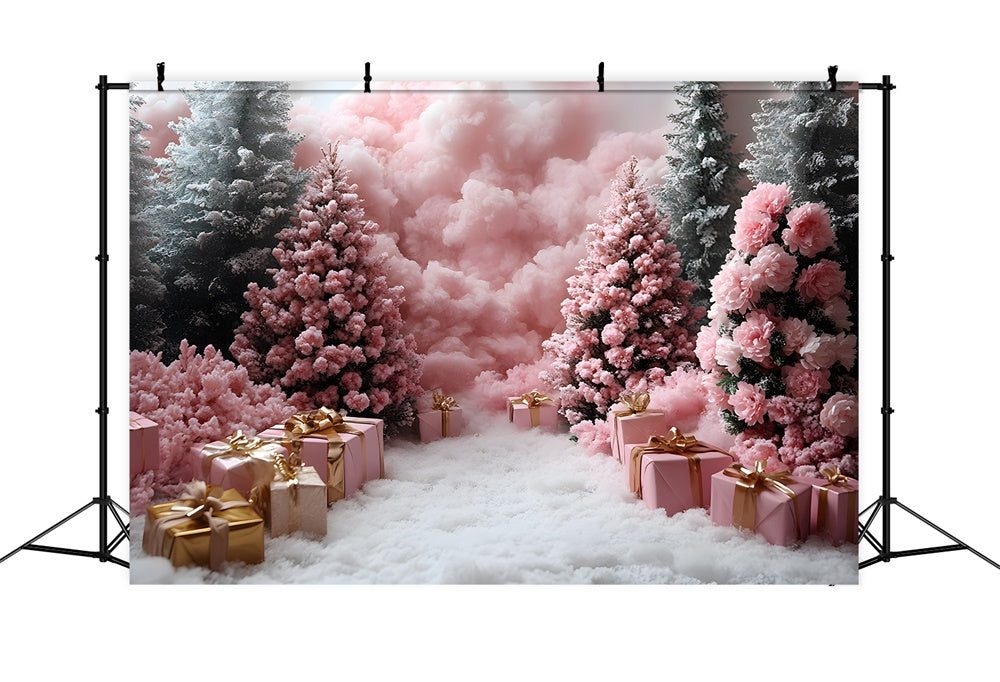 Toile de Fond Photographie avec Cadeaux Roses et Arbres de Noël RR8-350