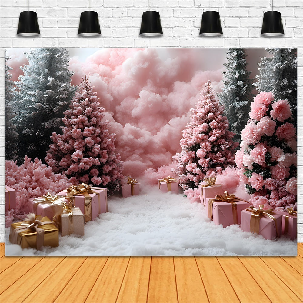 Toile de Fond Photographie avec Cadeaux Roses et Arbres de Noël RR8-350