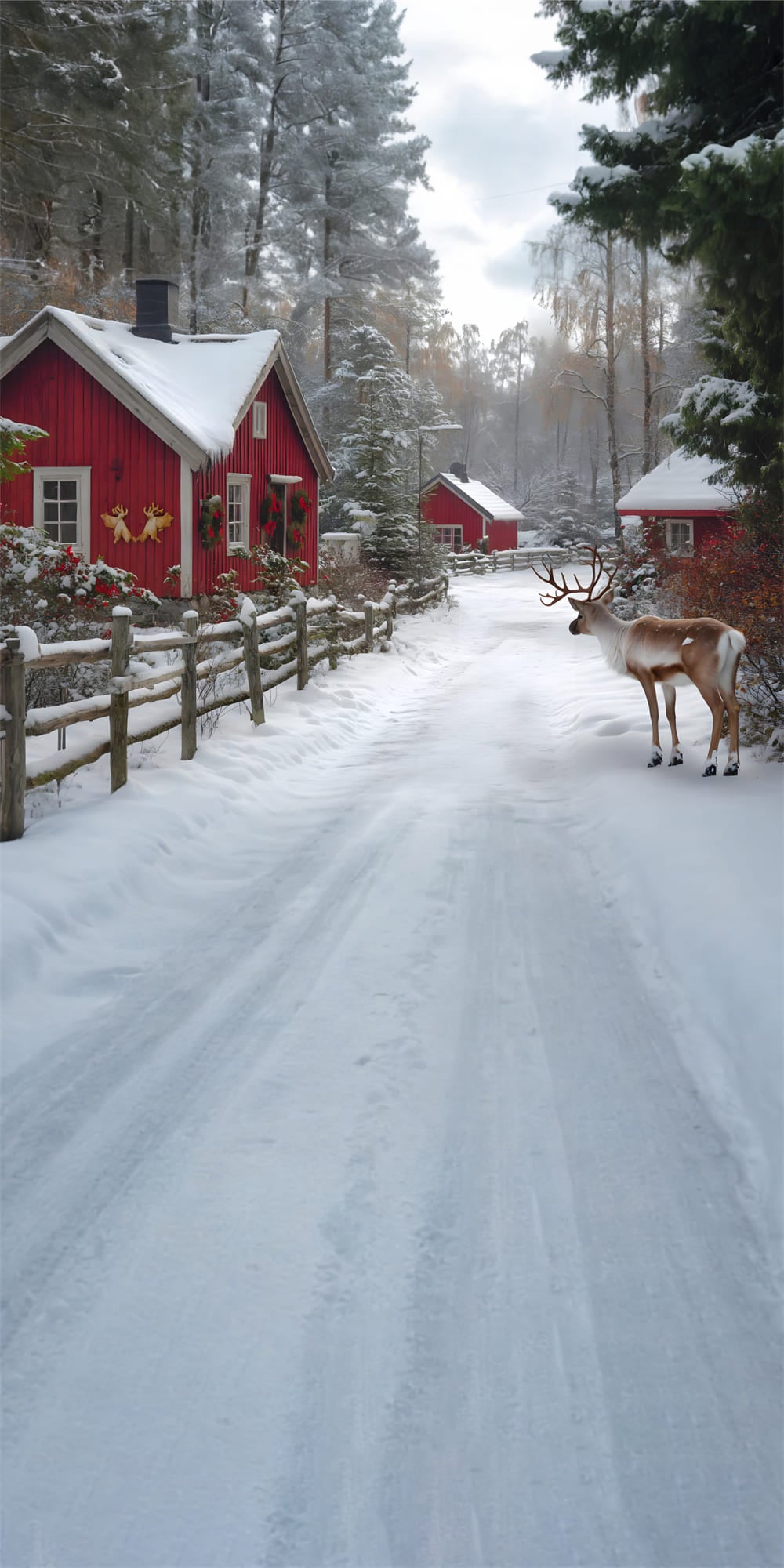 Toile de Fond Village d'Hiver avec Maison et Rennes sous la Neige RR8-358