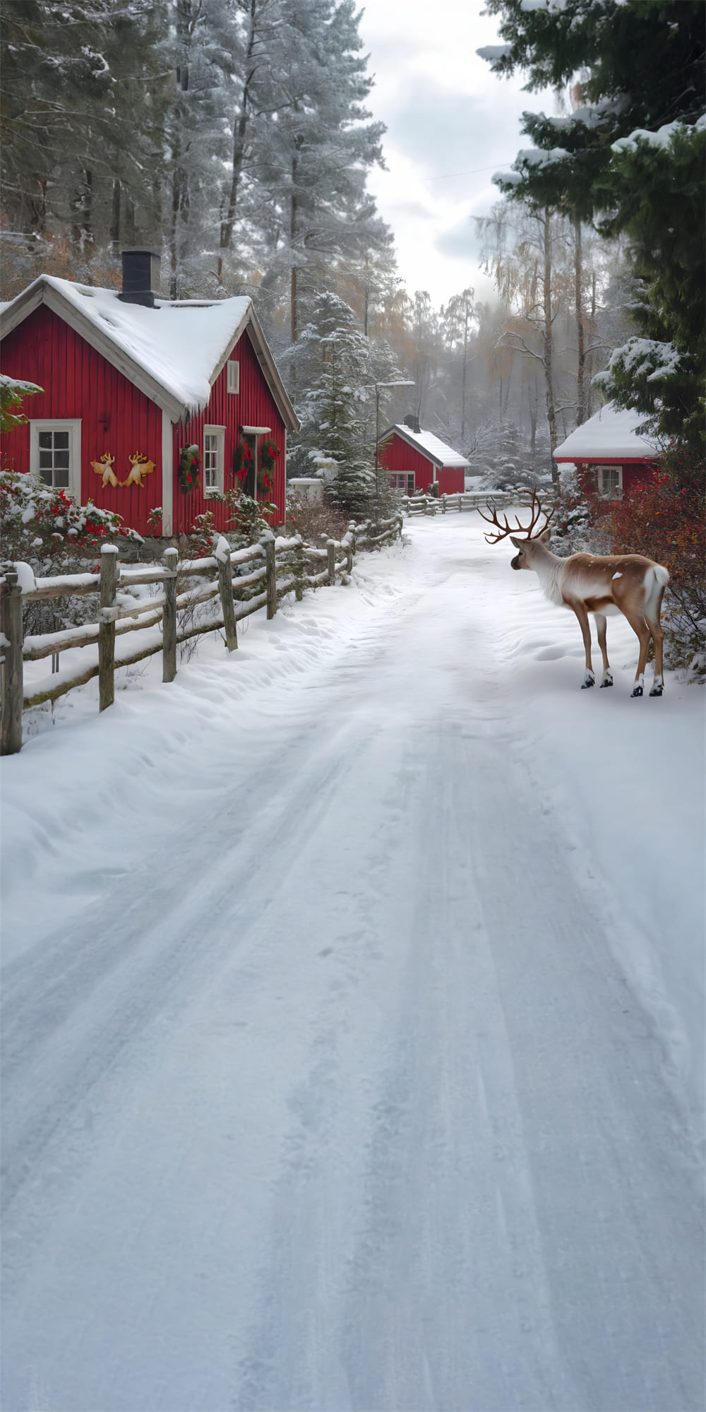 Toile de Fond Village d'Hiver avec Maison et Rennes sous la Neige RR8-358