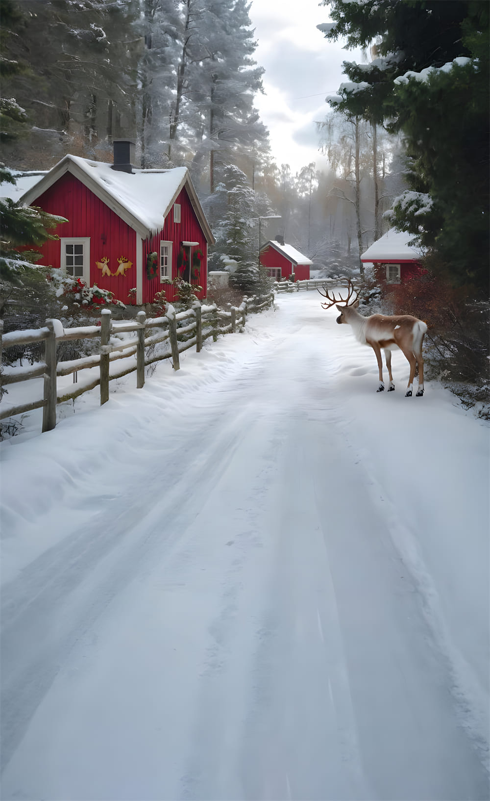 Toile de Fond Village d'Hiver avec Maison et Rennes sous la Neige RR8-358