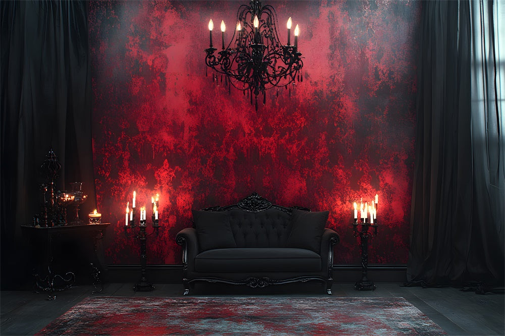 Toile de Fond Mur Gothique Noir et Rouge avec Bougies d'Halloween RR8-371