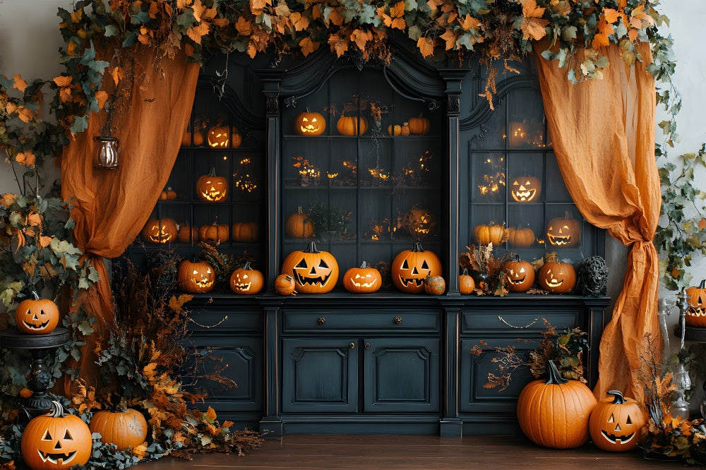 Toile de Fond Intérieur Rétro avec Buffet et Citrouilles d'Halloween RR8-378