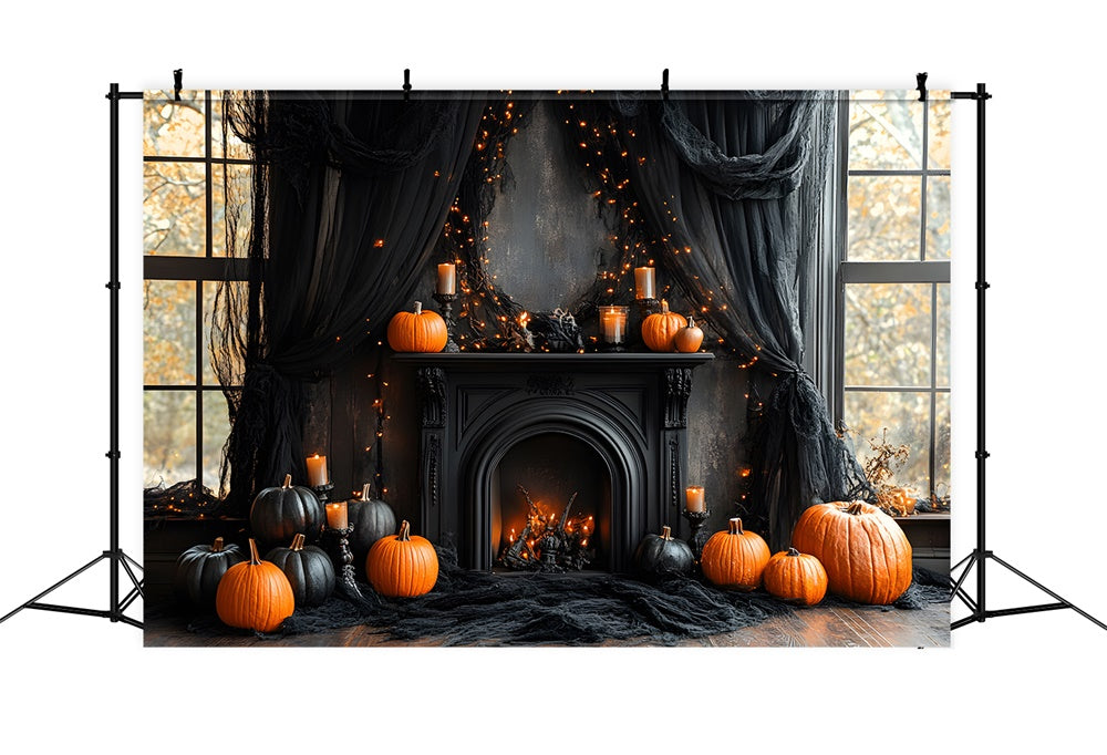 Toile de Fond Cheminée Noire avec Citrouilles d'Halloween RR8-382