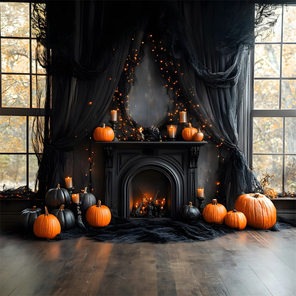 Toile de Fond Cheminée Noire avec Citrouilles d'Halloween RR8-382