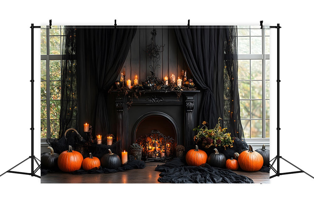 Toile de Fond Rideau et Cheminée avec Bougies d'Halloween RR8-383