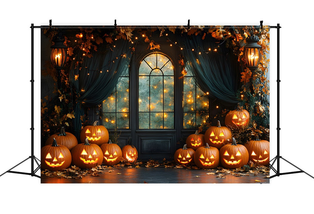 Toile de Fond Fenêtre Décorée avec Citrouilles Lumineuses d'Halloween RR8-385