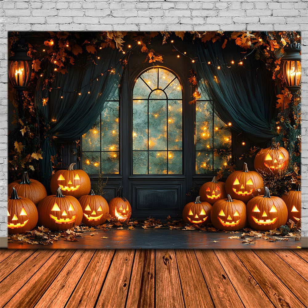 Toile de Fond Fenêtre Décorée avec Citrouilles Lumineuses d'Halloween RR8-385