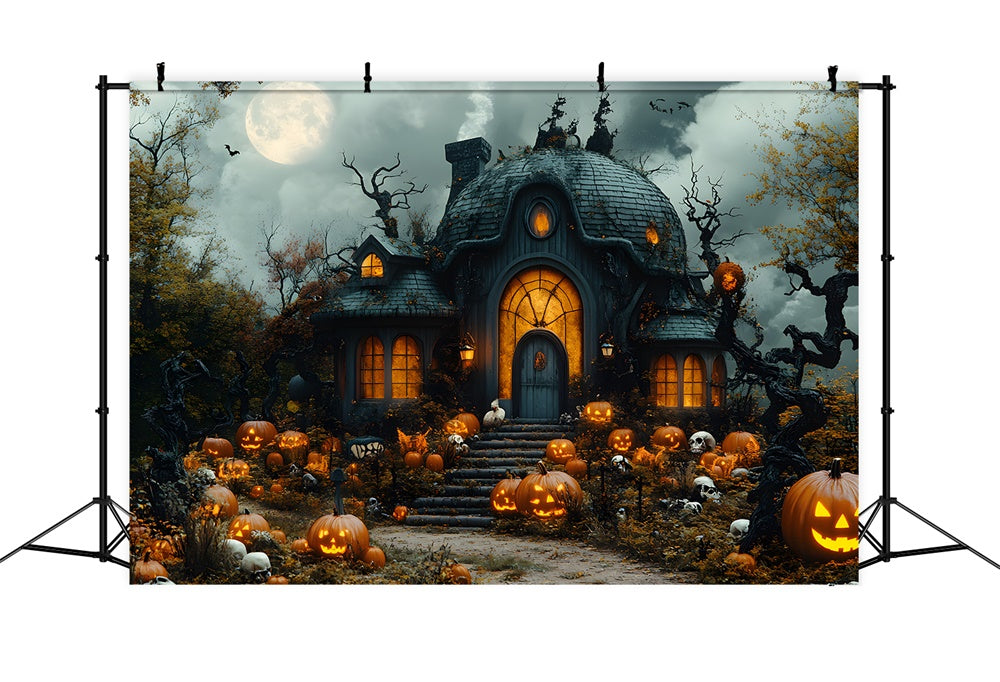 Toile de Fond Maison de Sorcière Hantée avec Citrouilles d'Halloween RR8-391