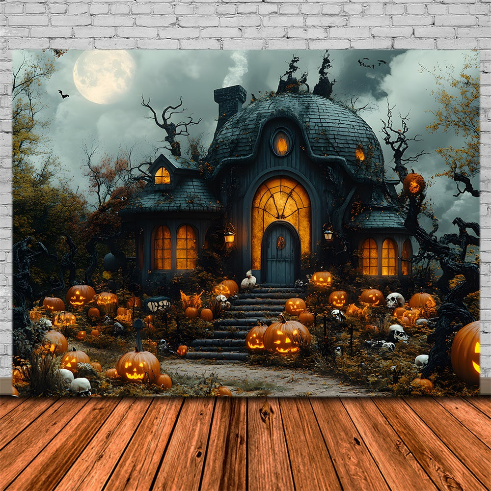 Toile de Fond Maison de Sorcière Hantée avec Citrouilles d'Halloween RR8-391