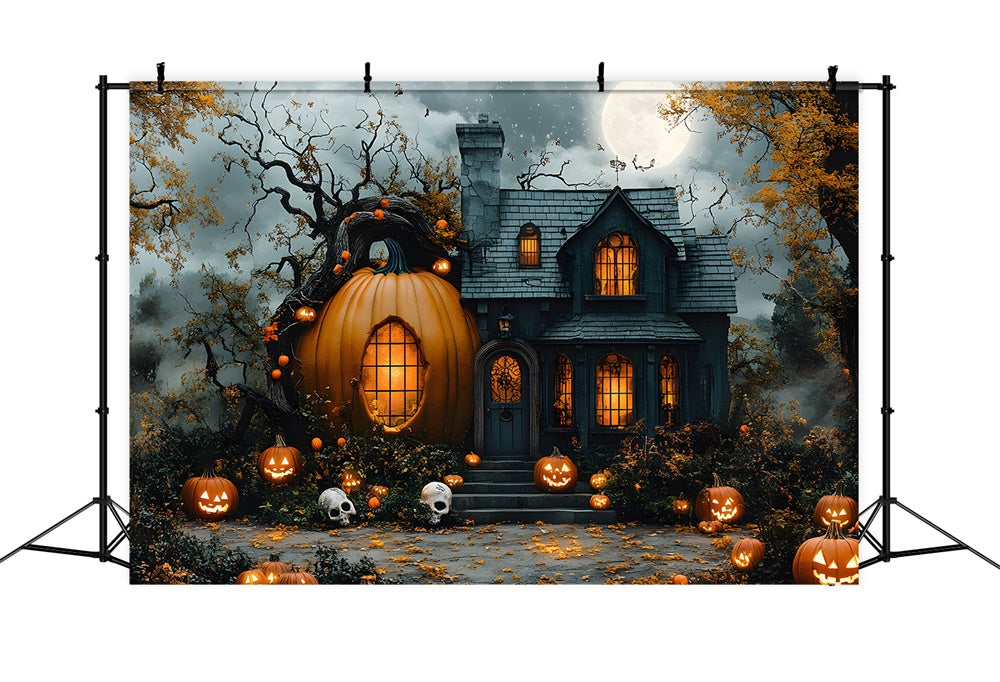 Toile de Fond Maison Magique avec Citrouille et Lune d'Halloween RR8-392