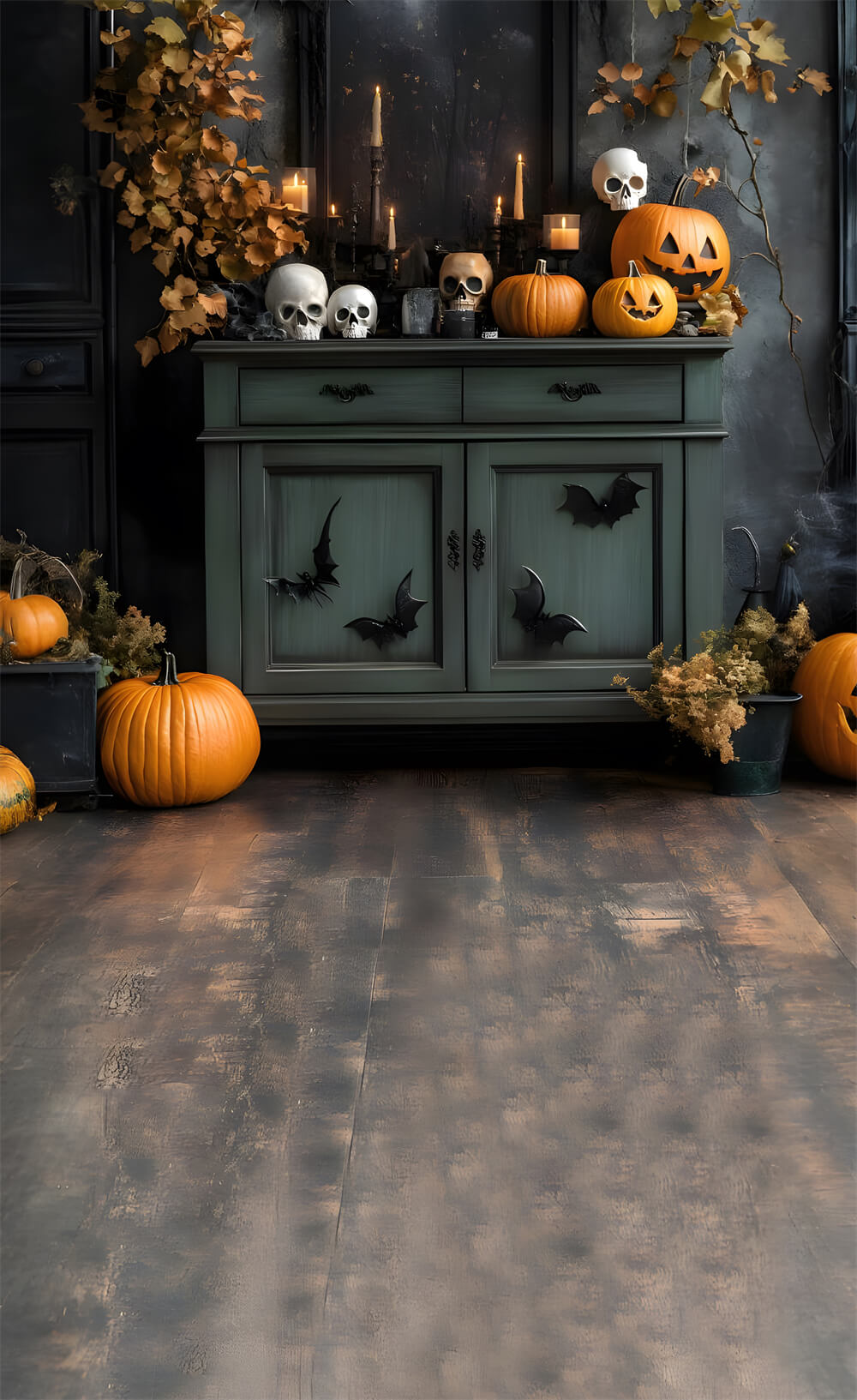 Toile de Fond Sol en Bois avec Citrouilles et Chauves-Souris d'Halloween RR8-396