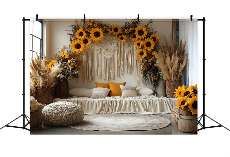 Toile de Fond Salon Bohème avec Macramé et Tournesols RR8-456