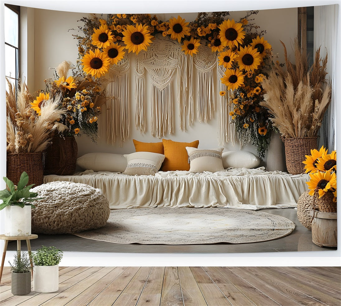 Toile de Fond Salon Bohème avec Macramé et Tournesols RR8-456