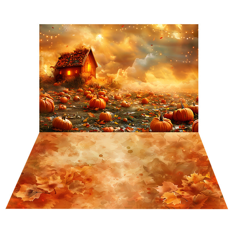 Toile de Fond de Champ de Citrouilles Automnal + Sol de Feuilles d'Érable RR8-525