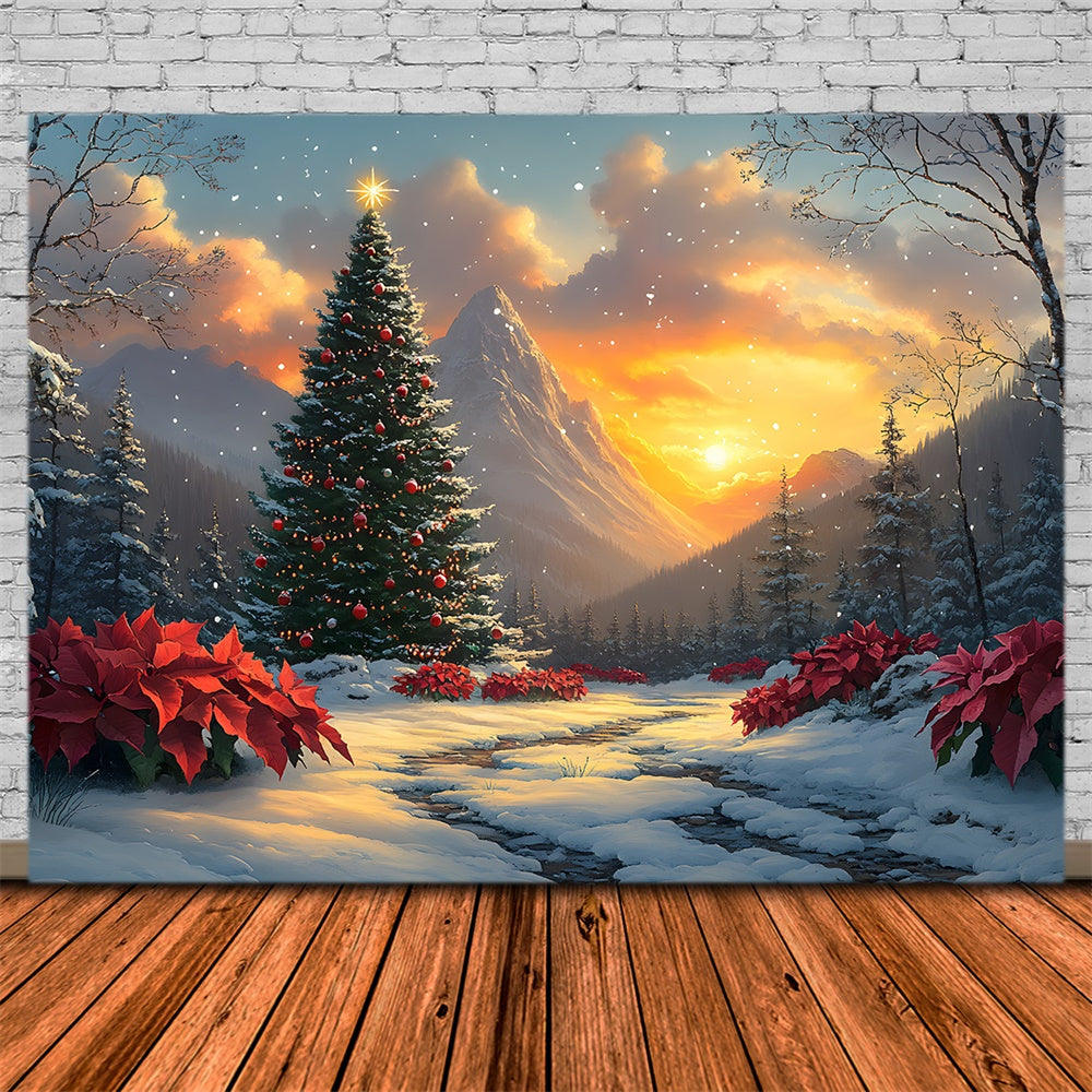 Toile de fond Sapin Montagne Enneigée de Noël RR8-53