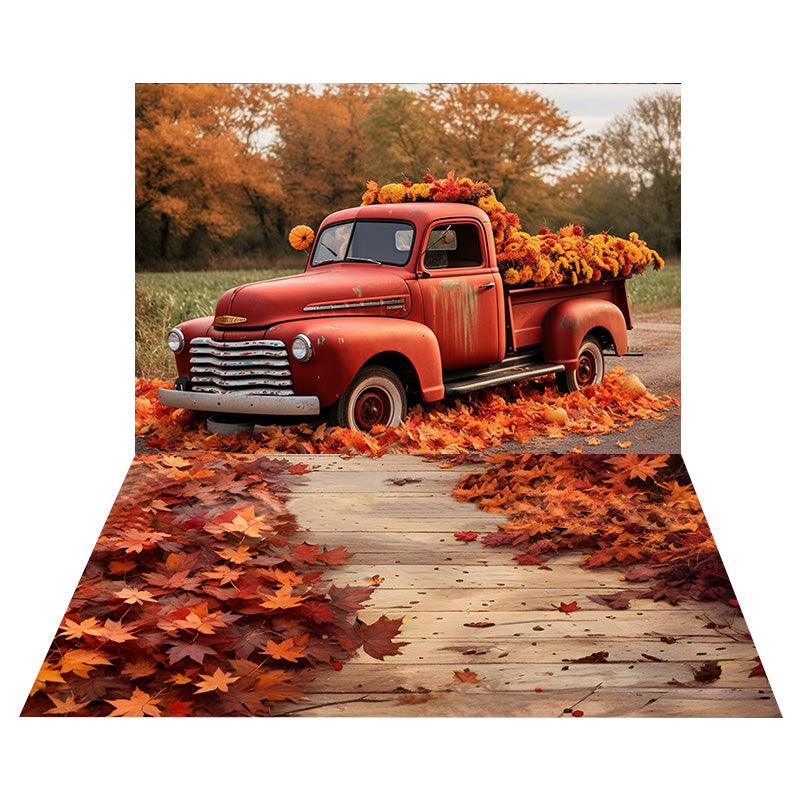 Toile de Fond de Camion Rouge Automnal + Sol de Bois avec Feuilles d'Érable RR8-537