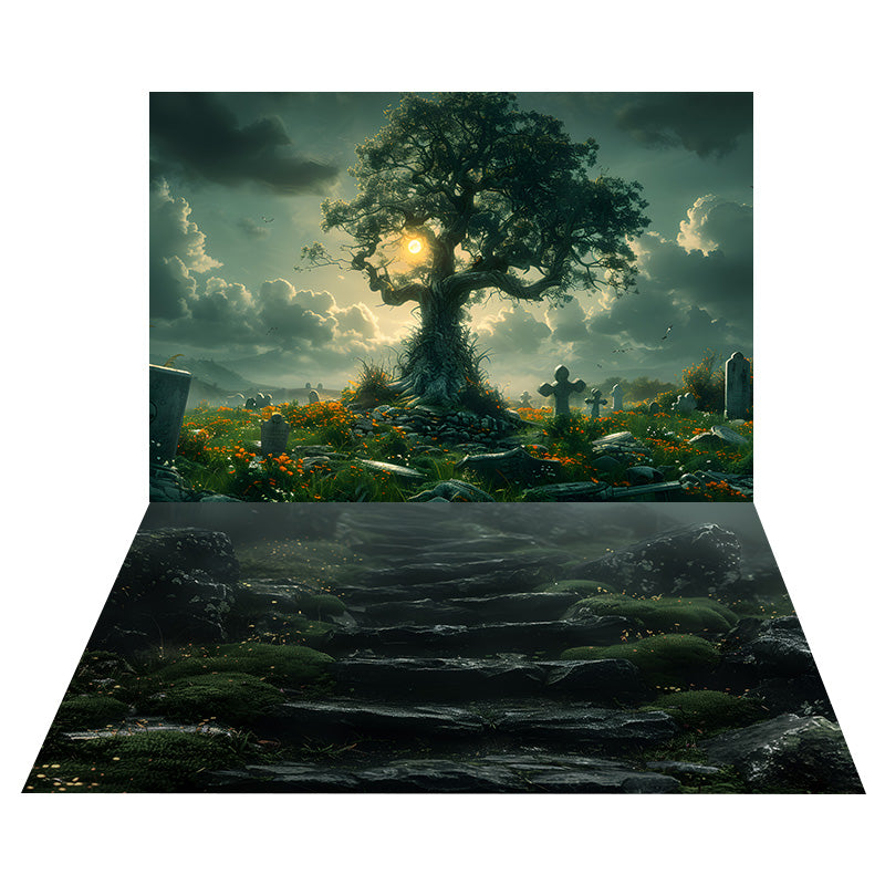 Toile de Fond de Cimetière avec Arbre d'Halloween + Sol de Sentier en Forêt RR8-541