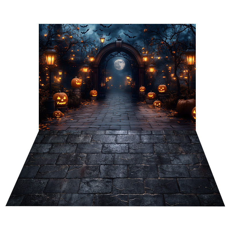 Toile de Fond de Citrouilles Lumineuses d'Halloween + Sol en Briques RR8-544