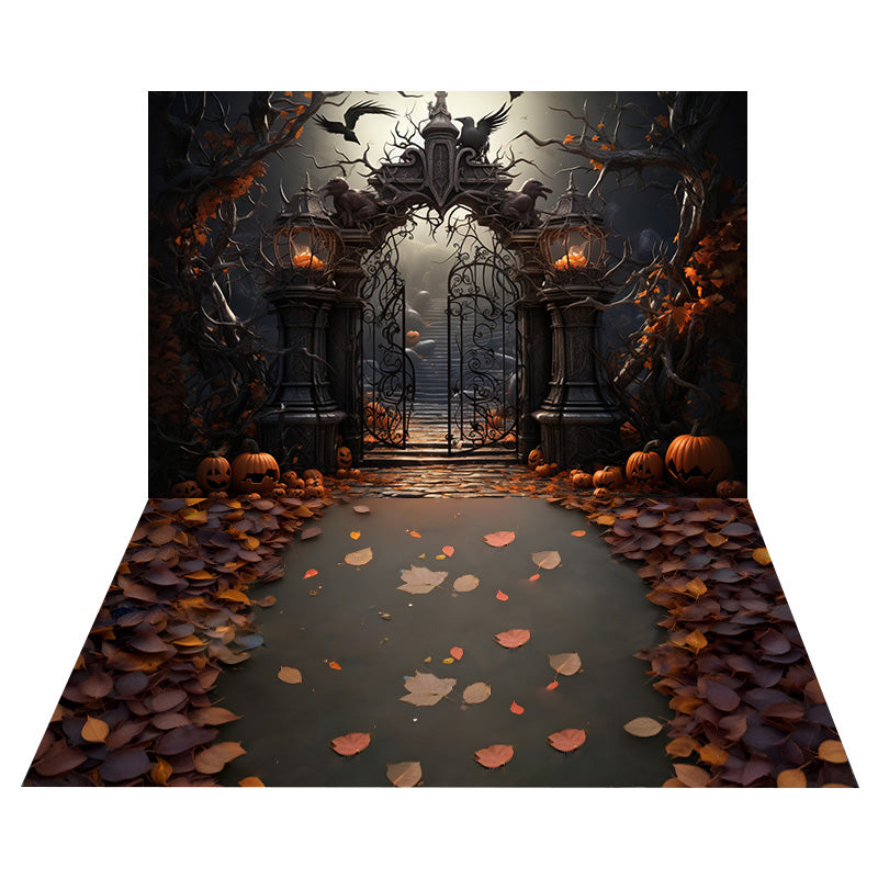 Toile de Fond de Porte de Cimetière d'Halloween + Sol de Feuilles d'Érable RR8-545