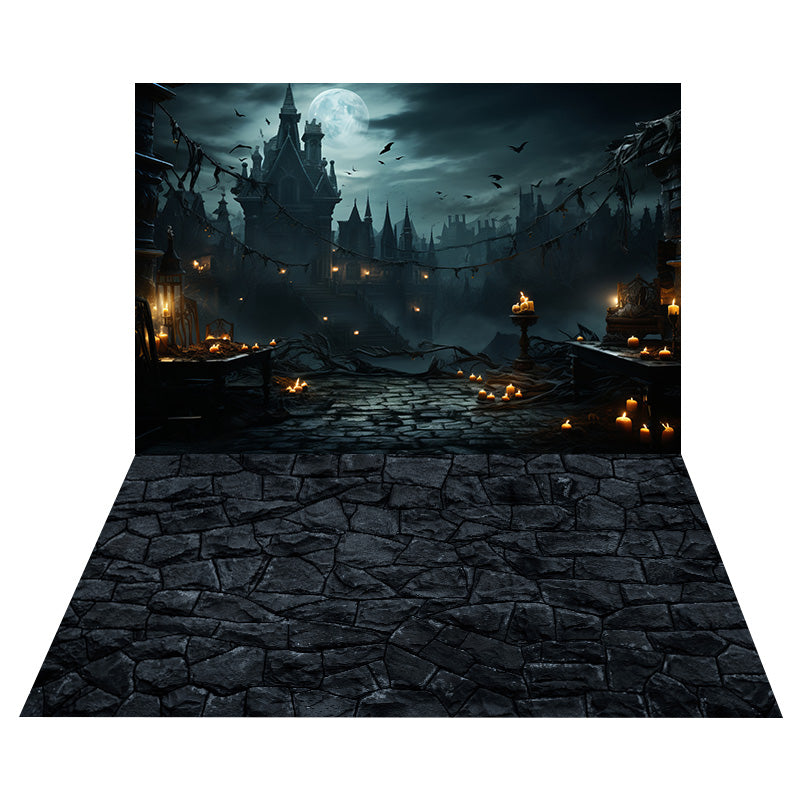 Toile de Fond de Château Effrayant d'Halloween + Sol en Pierre Noire RR8-546