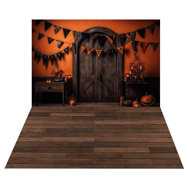 Toile de Fond de Porte avec Mur Rouge d'Halloween + Sol en Bois Rétro RR8-548