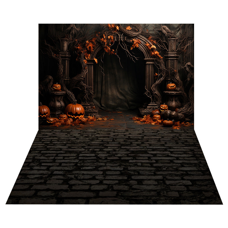 Toile de Fond de Mur avec Arche de Porte d'Halloween + Sol en Pierre RR8-549