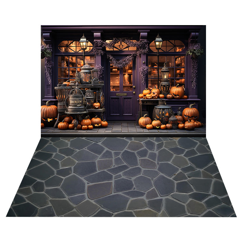 Toile de Fond de Vitrine de Magasin d'Halloween + Sol de Sentier en Pierre RR8-550