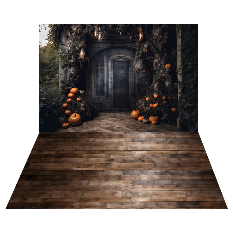 Toile de Fond de Maison dans la Forêt d'Halloween + Sol en Bois Rétro RR8-553