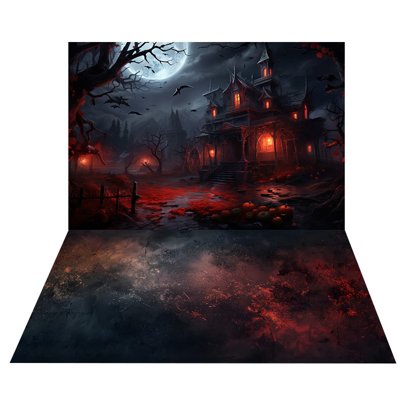 Toile de Fond de Maison avec Lumière Rouge d'Halloween + Sol en Ciment Tacheté RR8-555