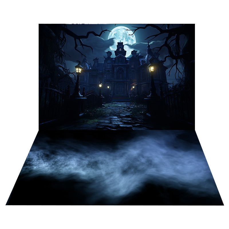 Toile de Fond de Château Effrayant sous la Nuit d'Halloween + Sol Brumeux RR8-556