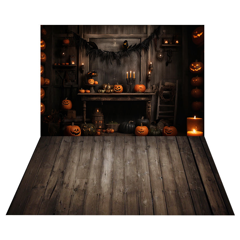 Toile de Fond de Mur avec Bougies et Citrouilles d'Halloween + Sol en Bois Marron RR8-559