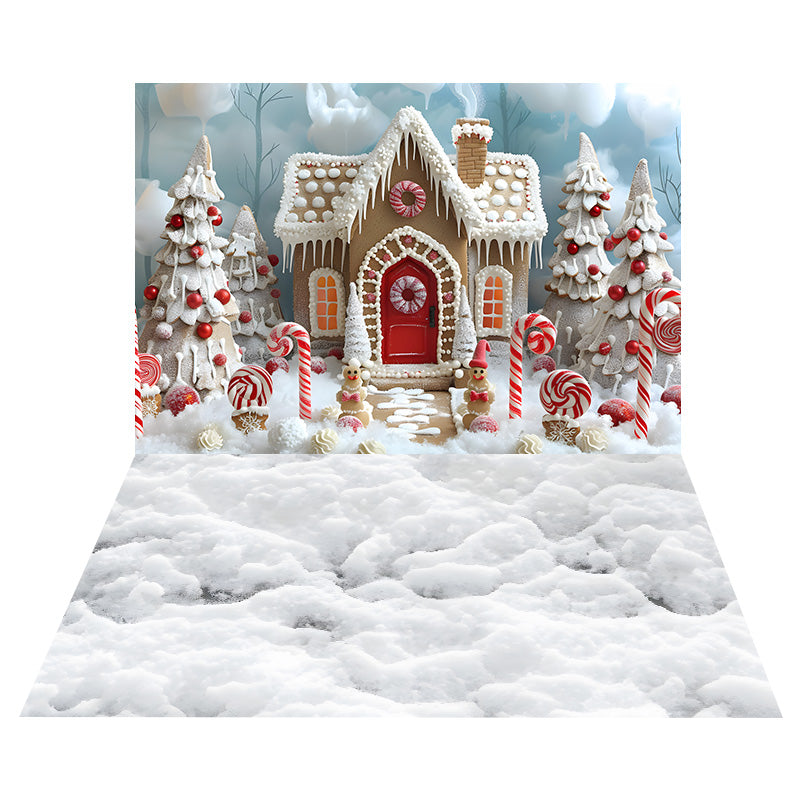 Toile de Fond de Maison en Pain d'Épice de Noël + Sol Recouvert de Neige RR8-562