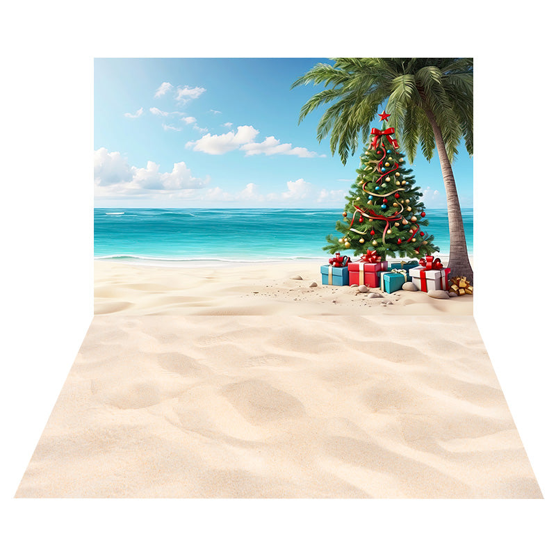 Toile de Fond d'Arbre de Noël avec Boîtes-Cadeaux + Sol de Plage de Sable RR8-564