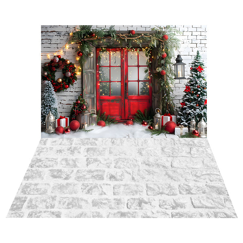 Toile de Fond de Porte avec Mur en Briques de Noël + Sol en Pierre Enneigée RR8-570