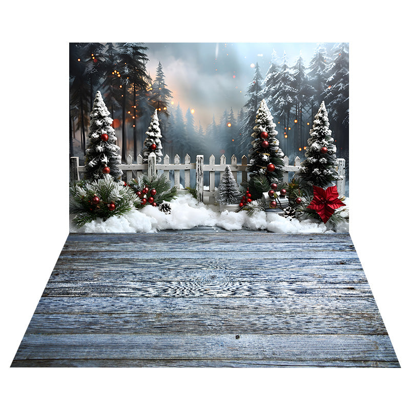 Toile de Fond de Forêt Enneigée de Noël + Sol en Bois Classique RR8-571