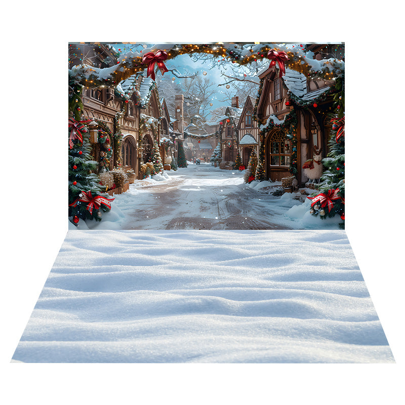 Toile de Fond de Rue Hivernale de Noël + Sol de Neige Blanche RR8-578