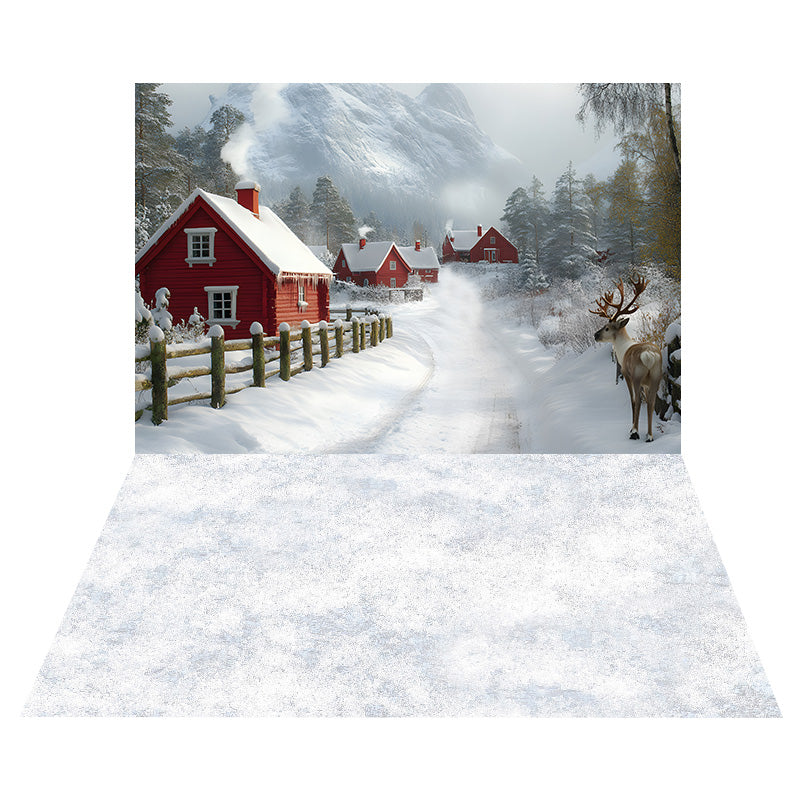 Toile de Fond de Village Hivernal avec Rennes de Noël + Sol Enneigé RR8-579