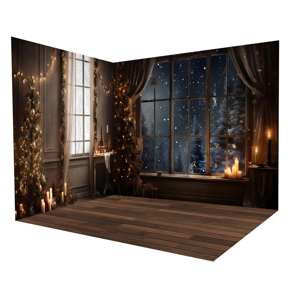 Ensemble de chambre de mur et fenêtre sur nuit enneigée pour Noël RR8-615