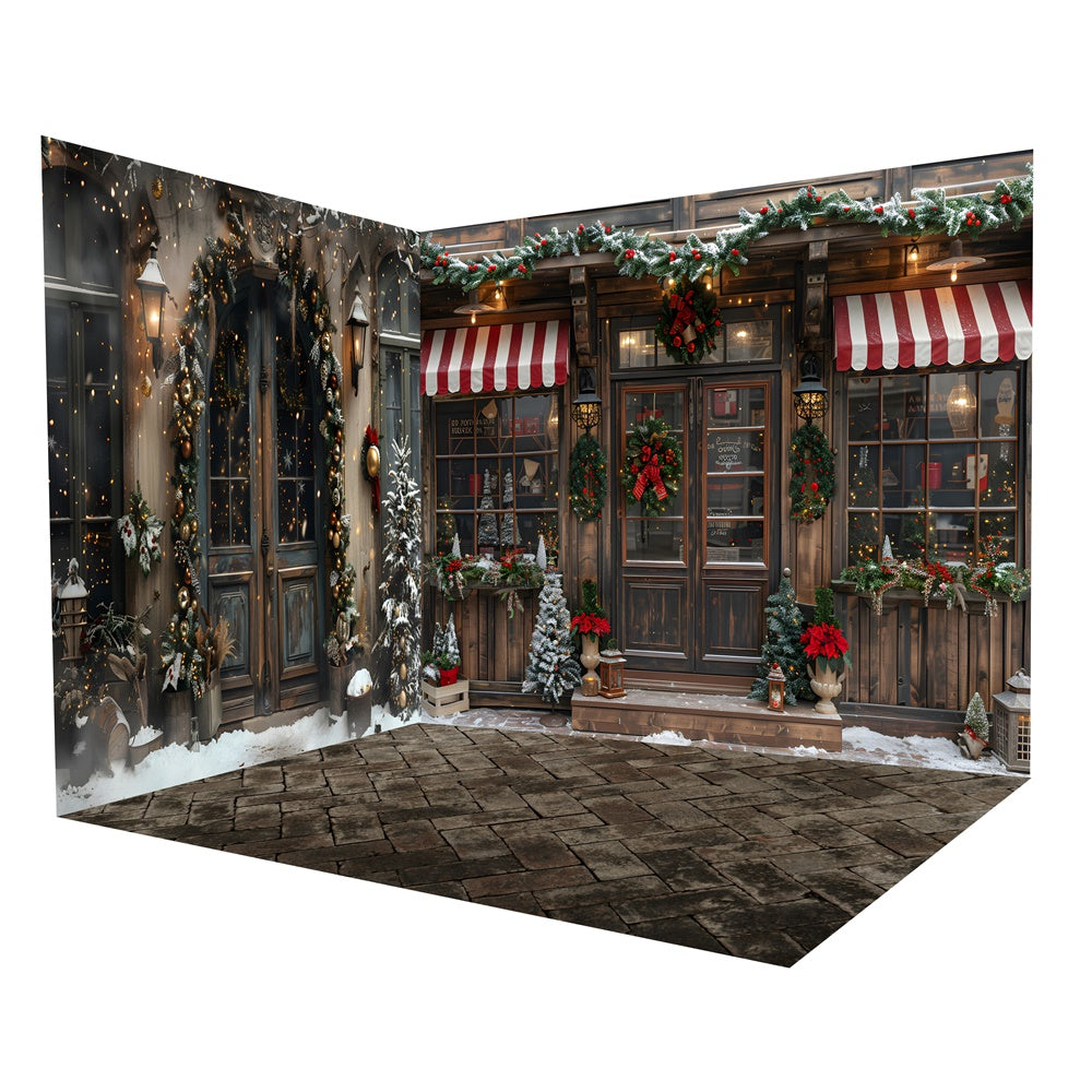 Ensemble de chambre de boutique avec guirlande sur porte enneigée pour Noël RR8-620