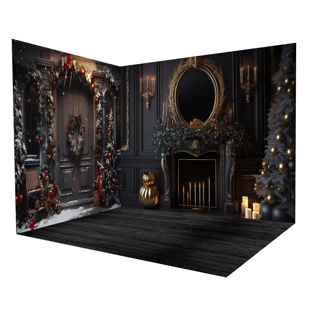 Ensemble de chambre de mur rétro avec porte et cheminée pour Noël RR8-621