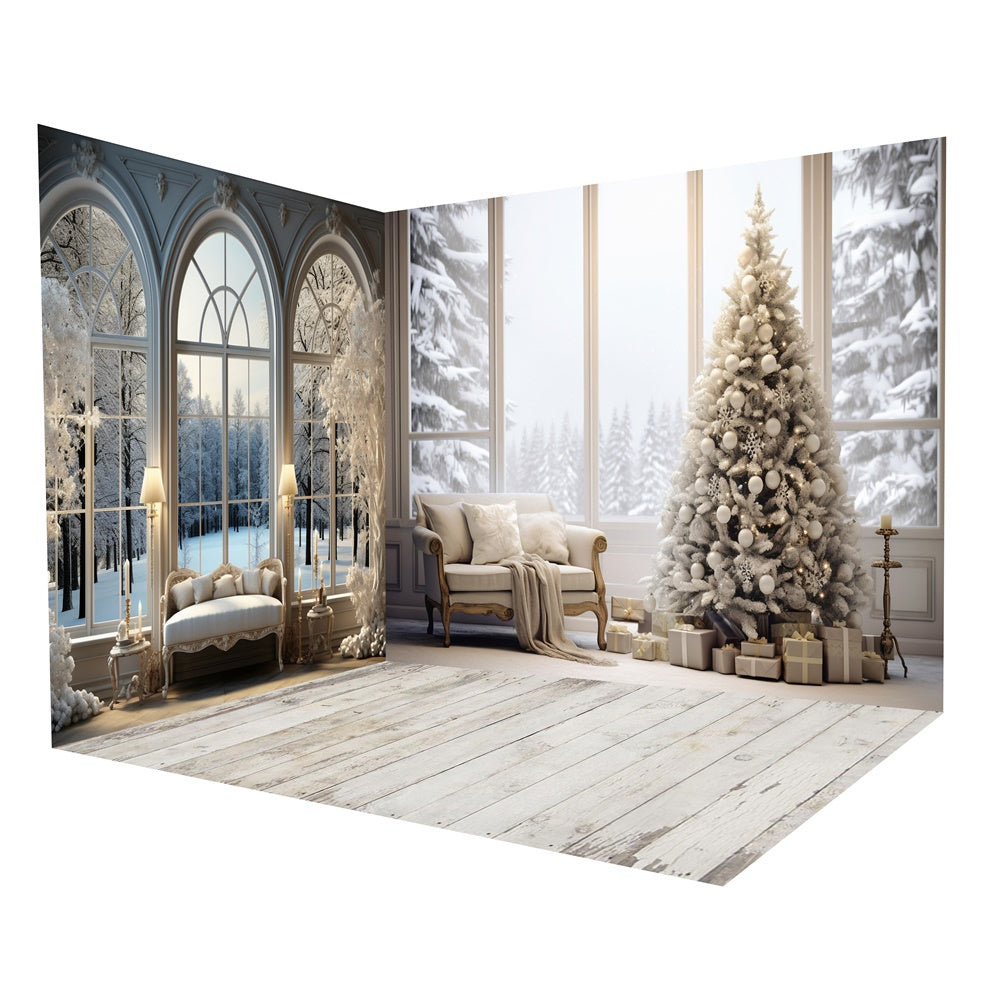 Ensemble de chambre avec arbre de Noël et fenêtre donnant sur vue hivernale RR8-623