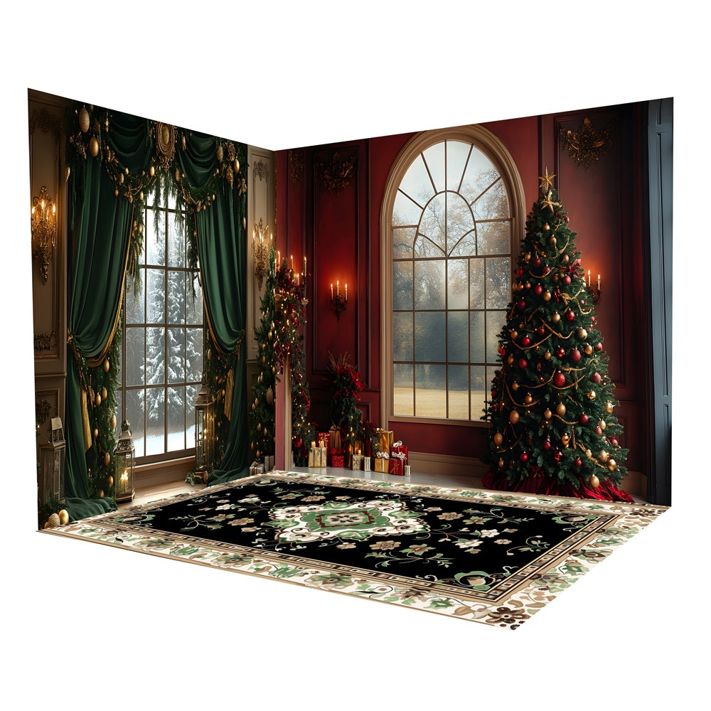 Ensemble de chambre avec arbre de Noël et rideau de fenêtre avec guirlandes RR8-625